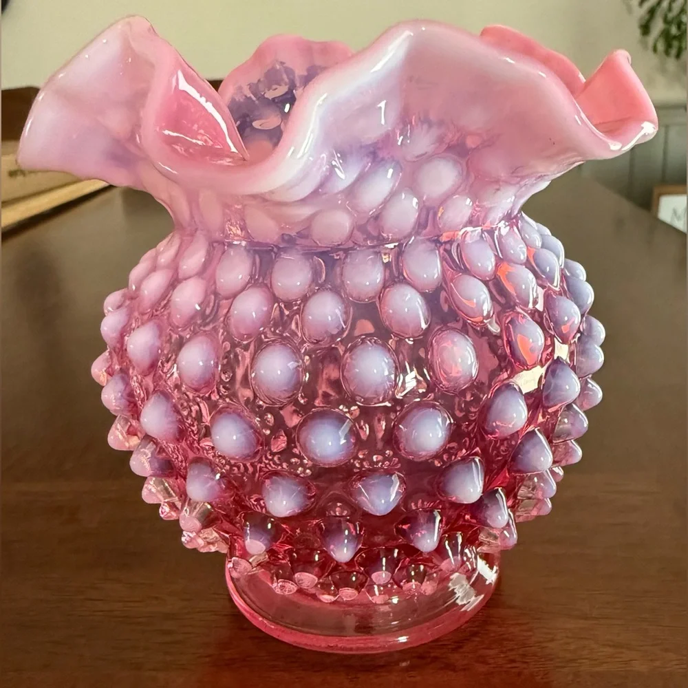 Fenton Cranberry Opalescent Hobnail Double Crimped Rose Bowl Vase Vintage - Picture 5 of 12